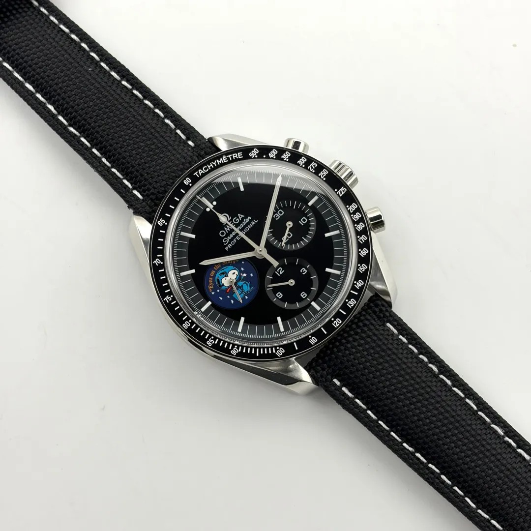 Omega Speedmaster Snoopy Award 42mm Manual Chronograph Watch Black Nylon Strap